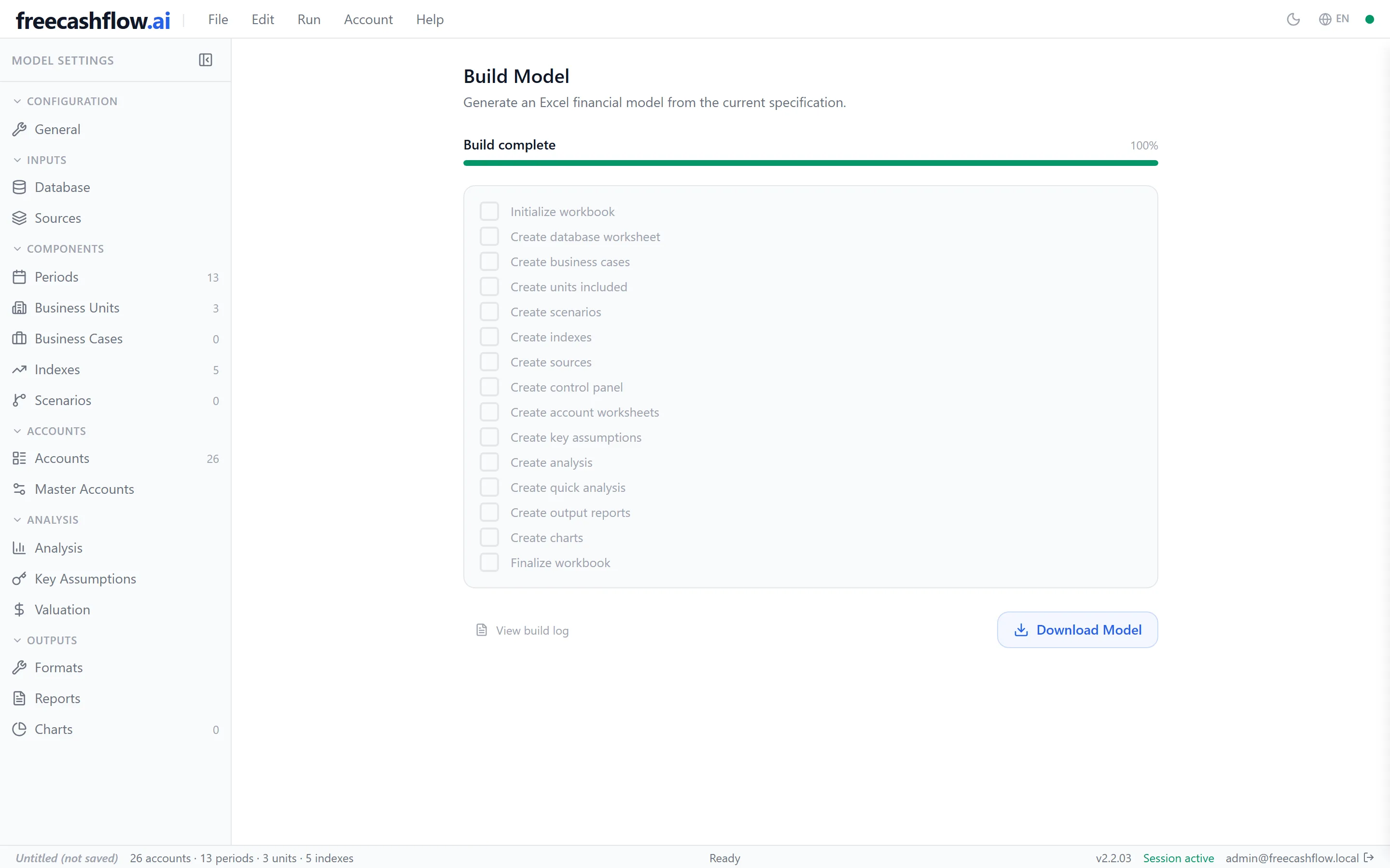 A finished model with its Excel workbook ready to download