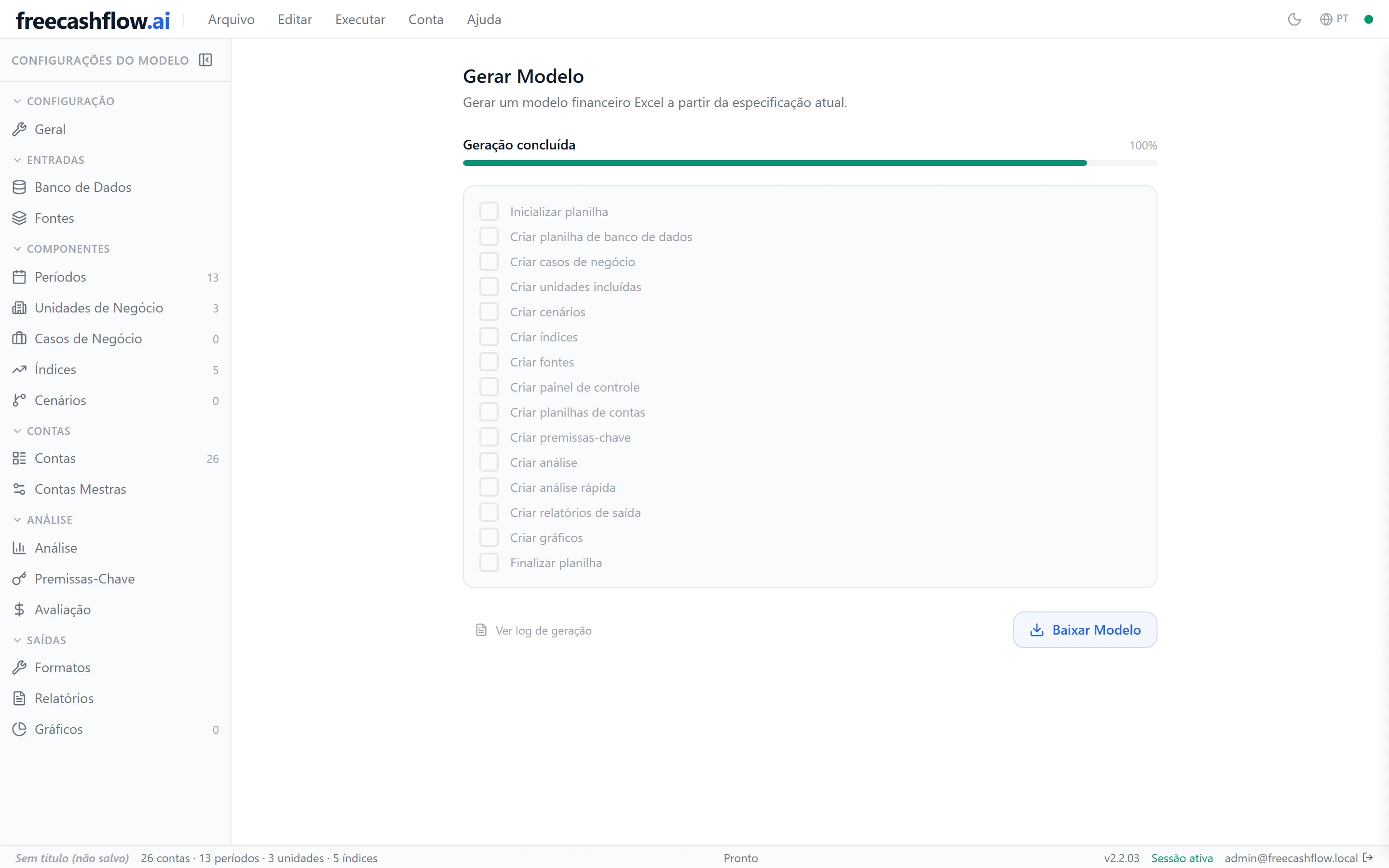 Um modelo concluído com a planilha Excel pronta para download