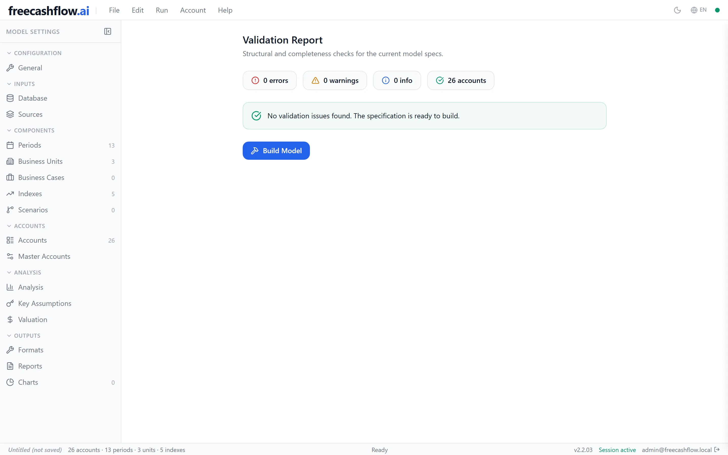 The check report for a model before it is generated
